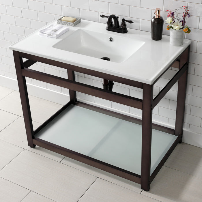 Kingston Quadras VWP3722W4B5 37-Inch Ceramic Console Sink with Steel Base and Glass Shelf (4-Inch, 3-Hole), White/Oil Rubbed Bronze