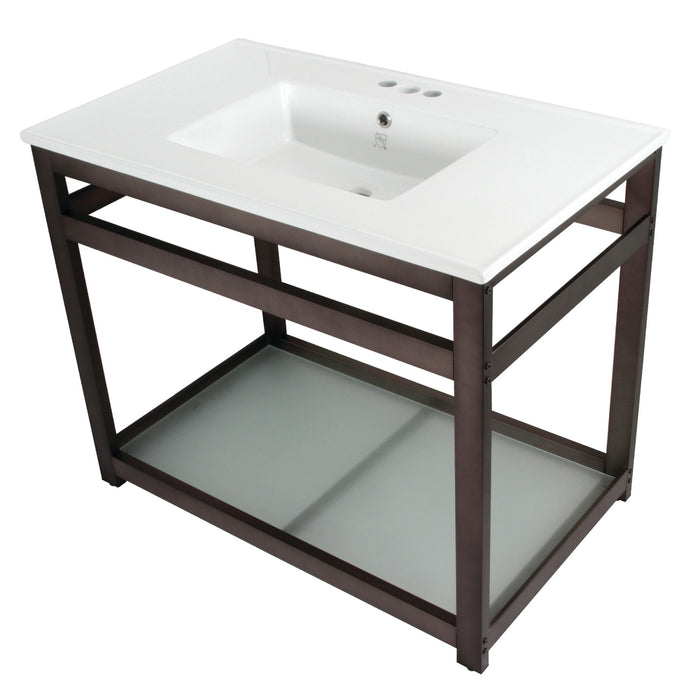 Kingston Quadras VWP3722W4B5 37-Inch Ceramic Console Sink with Steel Base and Glass Shelf (4-Inch, 3-Hole), White/Oil Rubbed Bronze