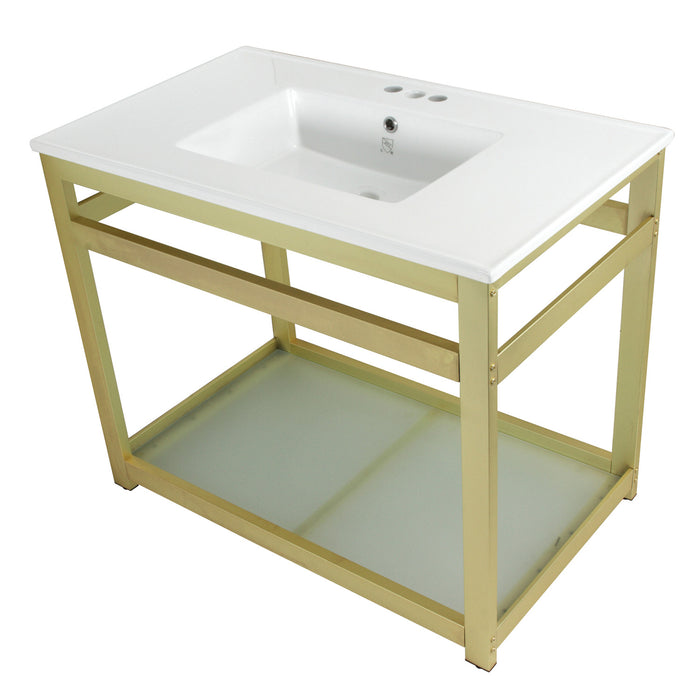 Quadras VWP3722W4B7 37-Inch Ceramic Console Sink Set, White/Brushed Brass