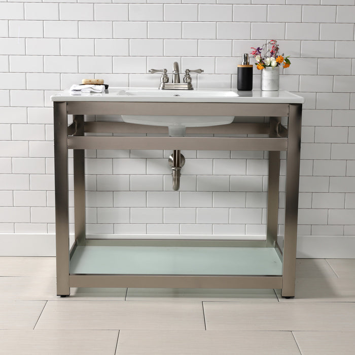 Kingston Quadras VWP3722W4B8 37-Inch Ceramic Console Sink with Steel Base and Glass Shelf (4-Inch, 3-Hole), White/Brushed Nickel