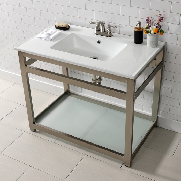 Kingston Quadras VWP3722W4B8 37-Inch Ceramic Console Sink with Steel Base and Glass Shelf (4-Inch, 3-Hole), White/Brushed Nickel
