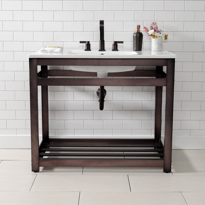 Kingston Quadras VWP3722W8A5 37-Inch Ceramic Console Sink with Steel Base and Shelf (8-Inch, 3-Hole), White/Oil Rubbed Bronze