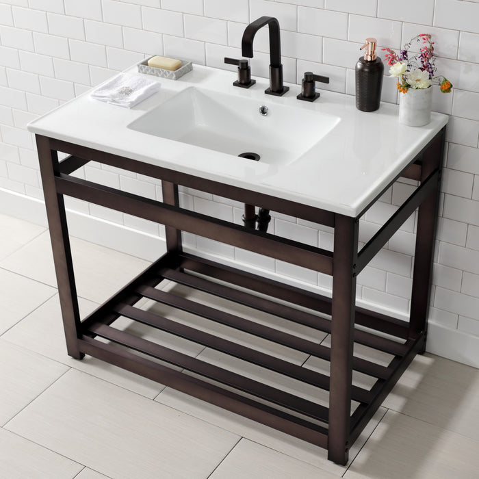Kingston Quadras VWP3722W8A5 37-Inch Ceramic Console Sink with Steel Base and Shelf (8-Inch, 3-Hole), White/Oil Rubbed Bronze