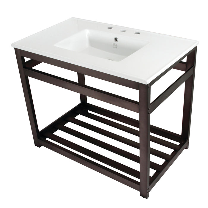Kingston Quadras VWP3722W8A5 37-Inch Ceramic Console Sink with Steel Base and Shelf (8-Inch, 3-Hole), White/Oil Rubbed Bronze