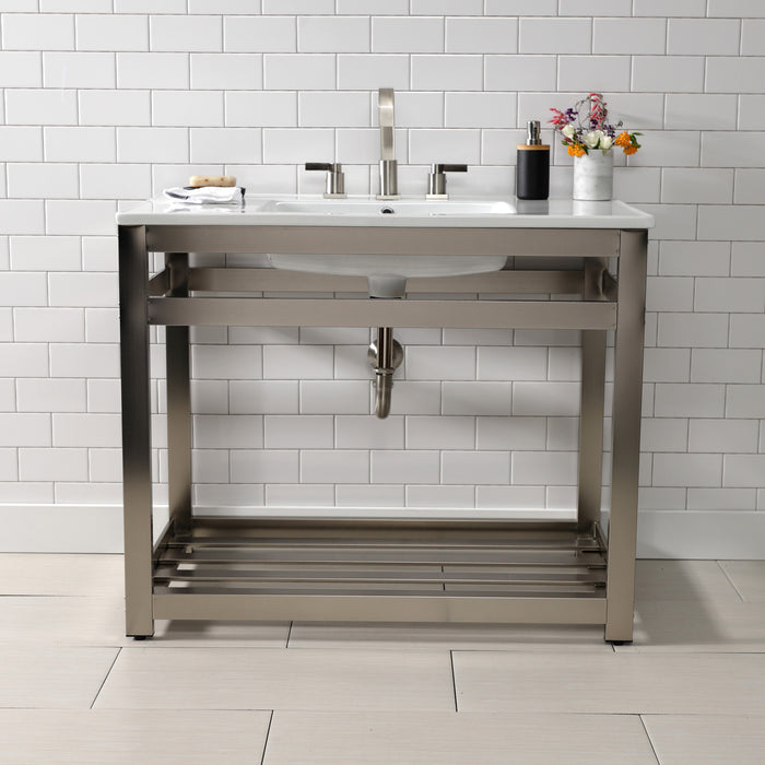 Kingston Quadras VWP3722W8A8 37-Inch Ceramic Console Sink with Steel Base and Shelf (8-Inch, 3-Hole), White/Brushed Nickel