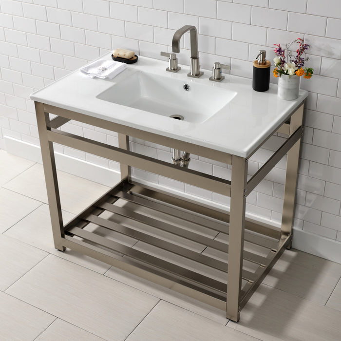 Kingston Quadras VWP3722W8A8 37-Inch Ceramic Console Sink with Steel Base and Shelf (8-Inch, 3-Hole), White/Brushed Nickel