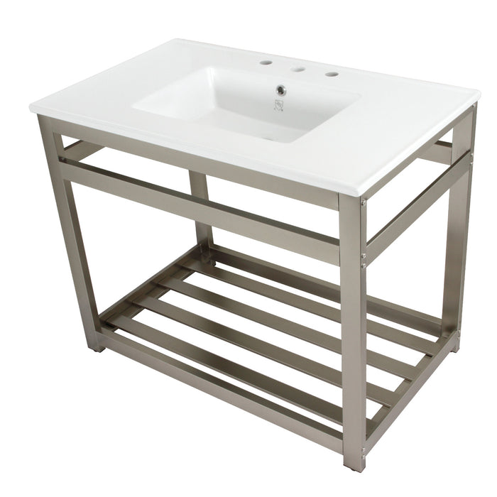 Kingston Quadras VWP3722W8A8 37-Inch Ceramic Console Sink with Steel Base and Shelf (8-Inch, 3-Hole), White/Brushed Nickel