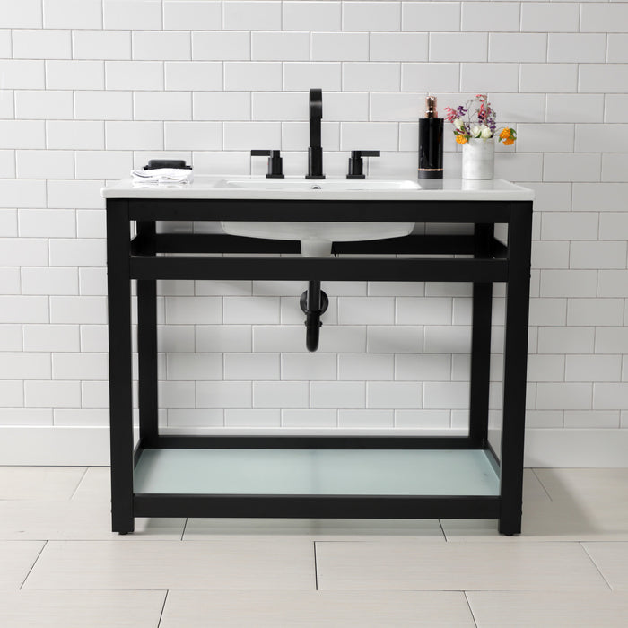 Kingston Quadras VWP3722W8B0 37-Inch Ceramic Console Sink with Steel Base and Glass Shelf (8-Inch, 3-Hole), White/Matte Black
