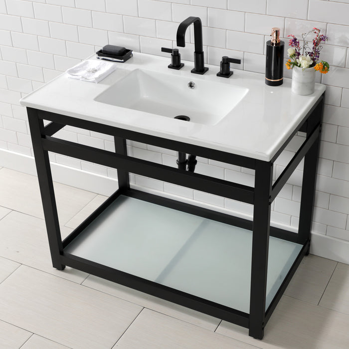 Kingston Quadras VWP3722W8B0 37-Inch Ceramic Console Sink with Steel Base and Glass Shelf (8-Inch, 3-Hole), White/Matte Black