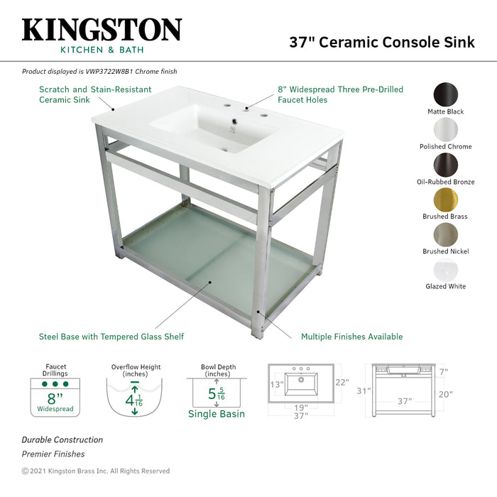 Kingston Quadras VWP3722W8B1 37-Inch Ceramic Console Sink with Steel Base and Glass Shelf (8-Inch, 3-Hole), White/Polished Chrome