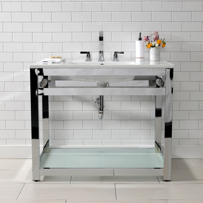 Kingston Quadras VWP3722W8B1 37-Inch Ceramic Console Sink with Steel Base and Glass Shelf (8-Inch, 3-Hole), White/Polished Chrome