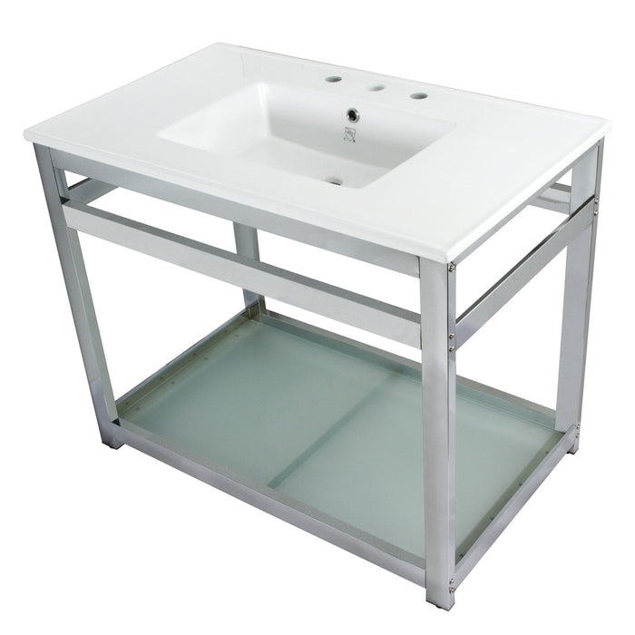 Kingston Quadras VWP3722W8B1 37-Inch Ceramic Console Sink with Steel Base and Glass Shelf (8-Inch, 3-Hole), White/Polished Chrome