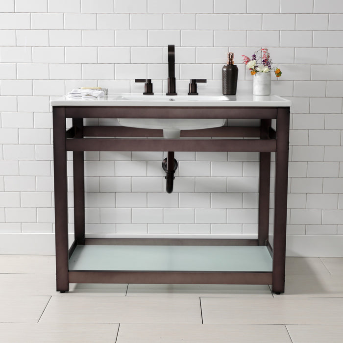 Kingston Quadras VWP3722W8B5 37-Inch Ceramic Console Sink with Steel Base and Glass Shelf (8-Inch, 3-Hole), White/Oil Rubbed Bronze