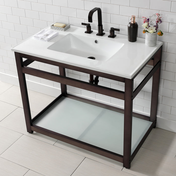 Kingston Quadras VWP3722W8B5 37-Inch Ceramic Console Sink with Steel Base and Glass Shelf (8-Inch, 3-Hole), White/Oil Rubbed Bronze