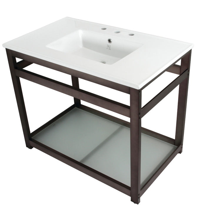 Kingston Quadras VWP3722W8B5 37-Inch Ceramic Console Sink with Steel Base and Glass Shelf (8-Inch, 3-Hole), White/Oil Rubbed Bronze