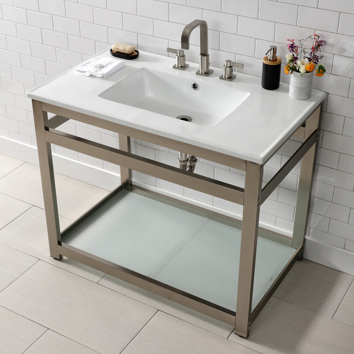 Quadras VWP3722W8B8 37-Inch Ceramic Console Sink with Steel Base and Glass Shelf (8-Inch, 3-Hole), White/Brushed Nickel