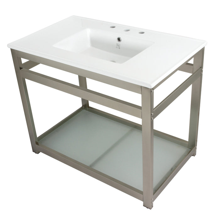 Quadras VWP3722W8B8 37-Inch Ceramic Console Sink Set, White/Brushed Nickel
