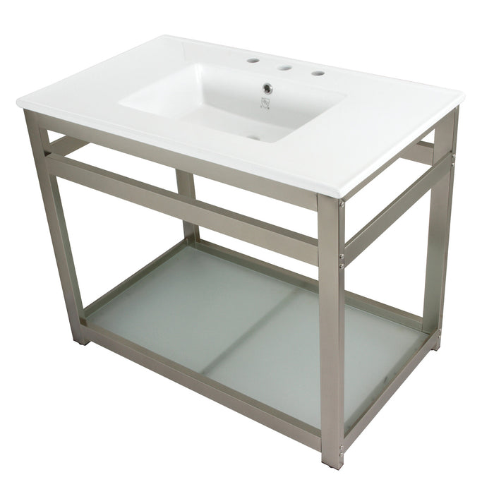 Quadras VWP3722W8B8 37-Inch Ceramic Console Sink with Steel Base and Glass Shelf (8-Inch, 3-Hole), White/Brushed Nickel